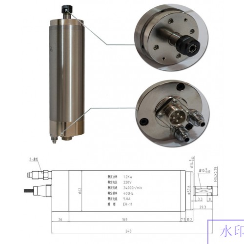 1.5HP 1.2kw 24000RPM ER11 water cooling Woodworking AC Spindle motor 62mm 4 bearings 220VAC 5A 400hz CNC Router